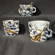 One of a kind, artist signed Pottery Face Set Hear See Speak No Evil gold cracks