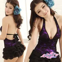 在飛比找PChome24h購物優惠-泳衣 夏日玫瑰園 一件式甜美連身泳裝(紫M~XL) Ange