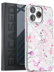 Encased Magnetic Case Designed for iPhone 14 PRO with Screen Protector - Compatible with MagSafe Phone Accessories (Pink Flowers)