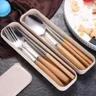 Wooden Handle Stainless Steel Tableware Three-piece Set Travel Tableware Set