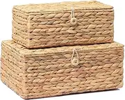 [LUSYDECO] Set of 2 Rectangular Wicker Storage Bins With Lid, Rattan Basket Decorative Boxes, Multipurpose Organizer Display Boxes for Shelf, Boho Box for Home Decoration