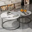 2PCS Round Nesting Coffee Table Marble Side Table Aluminium Frame Center Table