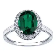 10K White Gold 1.84ct TW Lab Created Emerald & Diamond Vintage Style Ring- Green