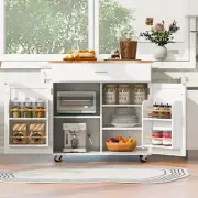 Rolling Kitchen Island with Rubber Wood Top, Drawer with Divider and Rack, White