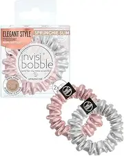 Invisibobble Pink and Silver Satin Hair scrunchies x2 Sprunchie Slim - Scrunchie Hair Elastic with a Spiral Elastic Inside Satin,IB-SPSL-HP10002