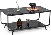 Giantex Marble Coffee Table, 42’’ Modern Faux Marble Top Coffee Table with Metal Frame, 2-Tier Living Room Sofa Side Table with Storage Shelf, Rectangular Accent Table for Living Room, Office, Black
