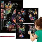 Scratch Kits, 4X Rainbow Painting Paper with Pen, 8.27x11.22 Inches Fun Sketch Card, Creative Craft Set for Kids, Teens, Adults, Interactive Art Toy