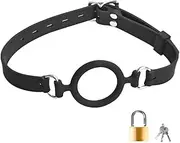 Open Mouth Gag with Padlock Adjustable Oral Sex Leather Strap On Silicone O-Ring Muzzles Restraints for Men Women
