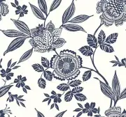 Wallpaper Wood Cut Block Jacobean Floral Print, Navy Blue on White,60 sq ft Bolt