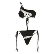 Set: One Shoulder Mesh Panel Bikini Top + Self-Tie Bottom Black - M