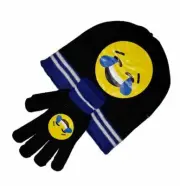 Royal Deluxe Emoji Knit Hat and Glove Set with Icon Smiley Faces (Blue Stipe)
