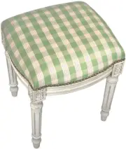 Vanity Stool Backless Green Plaid Antique White Wash Antiqued Cotton