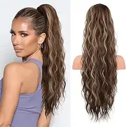 Ponytail Extension, Drawstring Hair Extensions for Women，Long Curly Wavy Natural Synthetic Hairpiece Women Daily Use party (Brown)