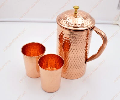 Pure Copper Water Jug Pitcher 1.5L With Tumbler Glass Cup 250ml each Set of 2