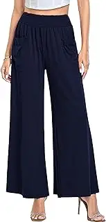 [Generic] Women's High Waist Loose Wide Leg Pants Casual Pullover Flared Pants Pleated Elastic Waistband Pockets