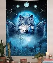 VEIGIKE Cool Wolf Moon Tapestry, Blue Galaxy Moon Phase Forest Wall Hanging for Men Teen Boys Girls Bedroom Aesthetic, Fantasy Animals Vertical Tapestries Poster Blanket College Dorm Decor (40X60)