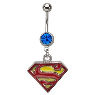 Superman Belly Ring Surgical Stainless Steel with Blue Cz Stone 14g (B/3/6/50)