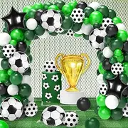 Soccer Party Balloon Garland Arch Kit 116 Pcs Green White Black Balloons with Soccer Champion Cup Star Mylar Foil Balloons for Birthday Soccer Theme Party Decorations