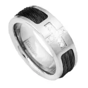 Men's Wedding Band Titanium CZ Cross Black Stainless Steel Cable NEW*
