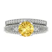 2.1 Round Cut Pave Natural Citrine Promise Bridal Ring Band set 14k White Gold