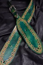 Leather guitar strap custom hand made tooled and dyed "Borders" green 4"