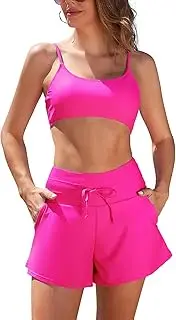 [SHEKINI] Women's Two Piece Swimsuits Adjustable Bandeau Bikini Sets High Waisted Drawstring Swim Shorts with Pockets Push Up Bathing Suit, Fluorescent Pink, M