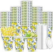 Tessco 150 Pcs 50 Sets Capri Lemon Paper Cups with Lids and Straws - 12 oz Blue Tiles Italian Lemon Cold Cups for Amalfi Coast Party, Bridal Shower, Wedding Supplies