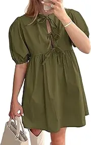 [Generic] Puff Sleeve Dress for Women Summer Short Sleeve Tie Front Mini Dress Casual Cute Babydoll 2025
