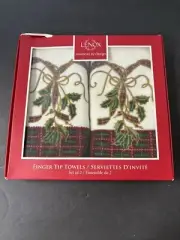 New Lenox Christmas”HOLIDAY NOUVEAU”2 Cotton Fingertip Towels~Holly•Plaid
