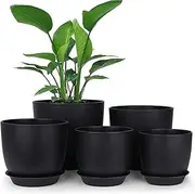 5 Pcs Black Plant Pots, 7/6/5.5/4.8/4.5 Inch Plastic Planters with Drainage Holes and Saucers for All House Plants and Flowers, Modern Planting Pot for Snake Plant, Aloe, Cactus, Succulents
