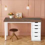 OAKORY Modern Writing Desk, Writing Table with 5 Drawers & White Metal Legs for Home Office, Study 120cm L x 45cm W x 75cm H Rustic brown & White