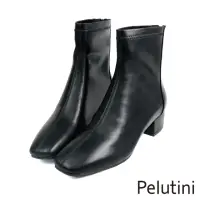 在飛比找momo購物網優惠-【Pelutini】經典素面方頭粗跟拉鍊短襪靴 黑色(PE2