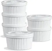 ONEMORE Ramekins with Lids, 8 oz Creme Brulee Souffle Dishes Oven Safe Ceramic Pudding Cups with Silicone Covers Stackable Custard Cups Set of 6 for Baking - White