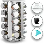Gominimo Quadrate Rotating Spice Rack Organizer 20 Jars with Label Sticker and Silicone Funnel, 360° Rotation, Space-Saving Design, Kitchen Storage Solution for Spice Holder, Silvery