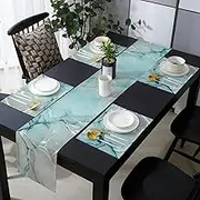 Blue Marble Table Runner 90 Inch and Place Mats Set of 6 Green Gray Texture Cotton Linen Table Mats Set, Heat Insulation Washable Placemats Set for Wedding, Indoor Outdoor Parties