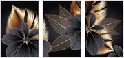 Set of 3 Design Poster Wall Pictures, Abstract Black Golden Plant Leaf Canvas Poster Print, Modern Nordic Decoration Wall Art, Wall Picture Print Pictures Decoration for Living Room (40 x 50 cm)