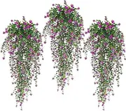 3Pcs Artificial Fake Hanging Plants Simulated Faux Fern Outdoor UV Resistant Plastic Greenery Flowers Plant Vine For Decorations Home Room Wall Garden Courtyard Wedding Party Balcony Decor(rose)