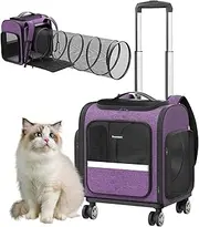 Rolling Cat Carrier with Wheels: Dog Carrier for Small Dogs & Large Cats, Expandable Pet Carrier on Wheels with Cat Play Tunnel, Large Capacity, Breathable Mesh, Side Pocket, Purple