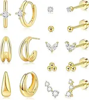 [Gemtastic] Flat Back Earrings Surgical Stainless Steel Gold Flatback Cartilage Stud Earrings Hypoallergenic for Women