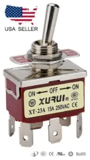 HEAVY DUTY DPDT ON-OFF-ON TOGGLE SWITCH 20A 125V, 15A 250V SPADE TERMINALS (23A)
