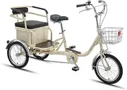 Three Wheel Bike, 16" Adult Tricycle 3Wheel+Seat Backrest Basket Adult Trike Bike Cycling Pedal Comfort Bicycles Bike for Parents to Pick Up & Drop Off Children Cycling Pedalling