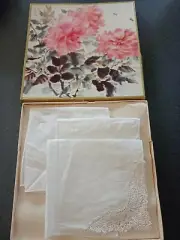 Vintage Swiss Boxed Cotton Hankies With Lace Edge