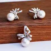 Nice Natural Akoya seawater Light Grey Pearl S925 Bowknot pendant Earring AAAA+