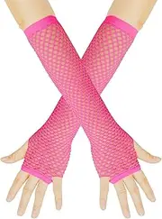 1Pair Fishnet Gloves,Long Retro Pink Neon Gloves Fishnet Arm Mesh Sleeves for Kids Girl Women Men Theme Party Cosplay Fashion Elastic Fingerless Fishnets 80s-Inspired Comfortable Flexible Durable,35cm