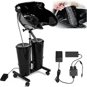 Power-Driven Portable Hair Washing Basin Mobile, Height Adjustable Hair Salon Backwash Unit, with Drain Pipe and 2 Buckets, Shower & Foot Pedal, for Beauty Salon,Barber Shop,Home