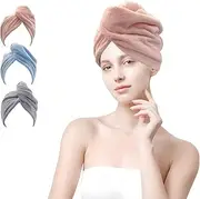 Castaic 3Pcs Microfiber Hair Towel Wrap, Hair Drying Towel with Button Design for Curly, Long & Thick Hair Anti Frizz, Super Absorbent Twist Turban for Women (Gray+Pink+Blue)