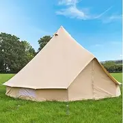 3m Canvas Bell Tent, Outdoor Waterproof Yurt Tent with PE Anti-Dirty Floor Mat, 4 Seasons Camping Tent with Hook & Meshed Door Window for Family Camping Outdoor Hunting