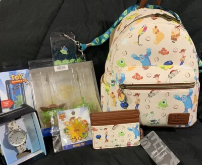 Disney Pixar Loungefly 25th Anniversary Icons Bundle Mini Backpack Card Wallet +