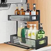 Under Sink Organizer, 2 Tier Kitchen Cabinet Organizer with Pull Out Drawer, Under Sink Storage for Bathroom Kitchen Closet - Black