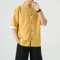 在飛比找蝦皮購物優惠-5.31中國風男裝亞麻盤扣短袖襯衫男五分袖唐裝古風棉麻漢服中